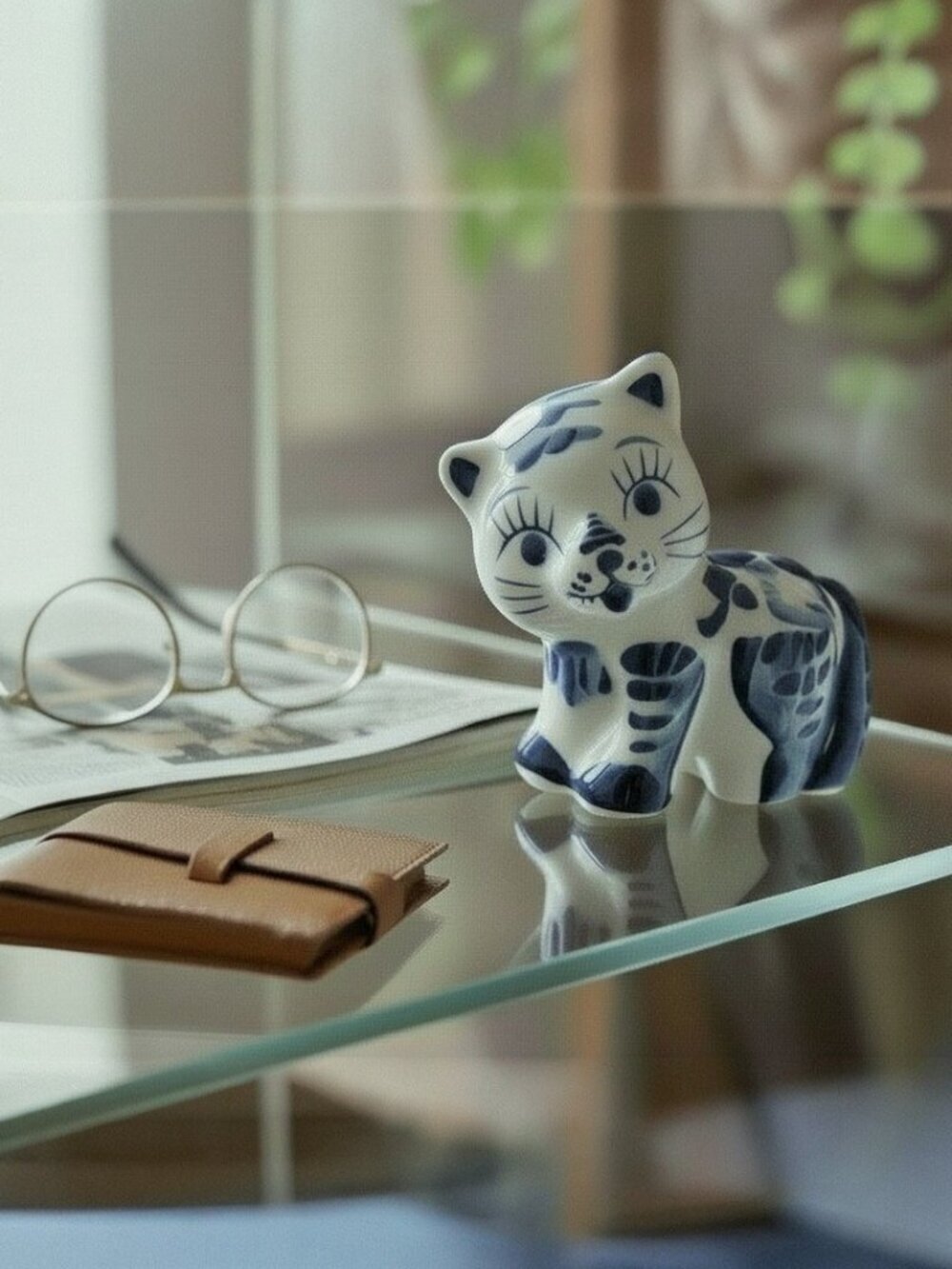 Gzhel Porcelain Cat Figurine Hand Painted Cobalt Blue White Made in Russia